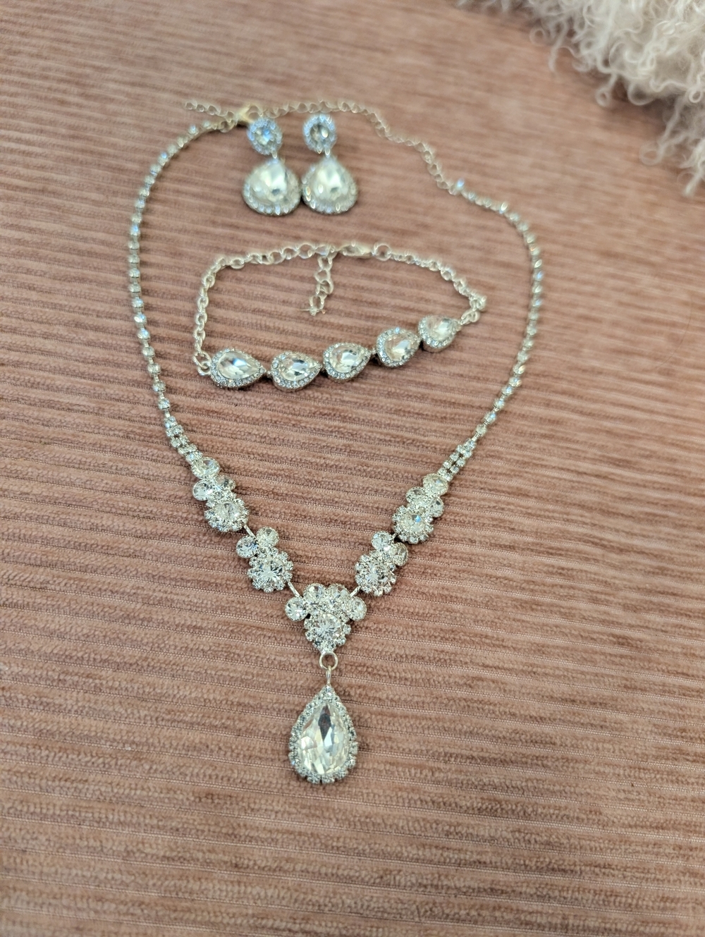 Rhinestone Tear Drop Statement Necklace, Earrings, And Bracelet